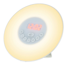 Relógio despertador com luz de nascer do sol da marca Cvb Inc, mostrando a tela e o design compacto do produto.
