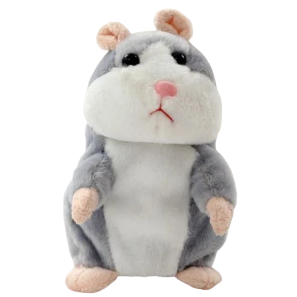Hamster de pelúcia falante cinza da Yks, parte de coleção de brinquedos, com detalhes suaves e expressão fofa.