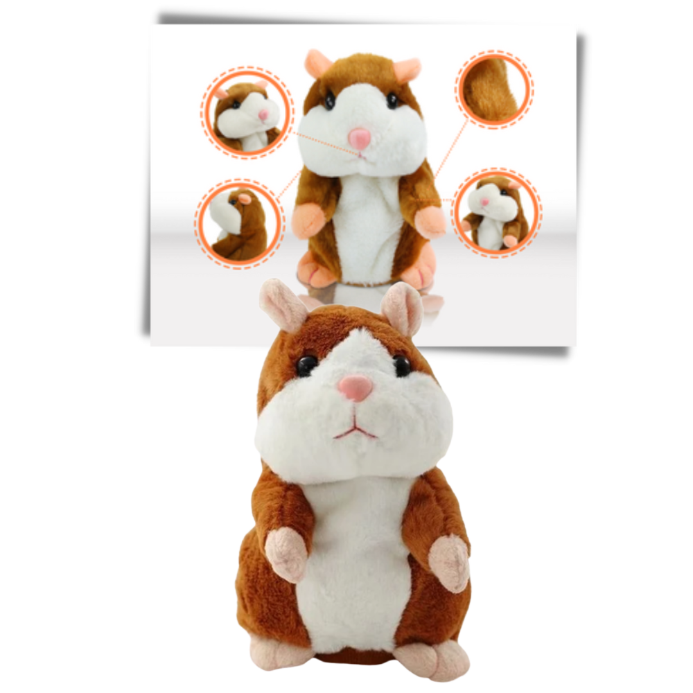 Hamster de pelúcia falante da marca Yks, em formato de personagem fofinho, com detalhes de pelúcia macia e expressiva.