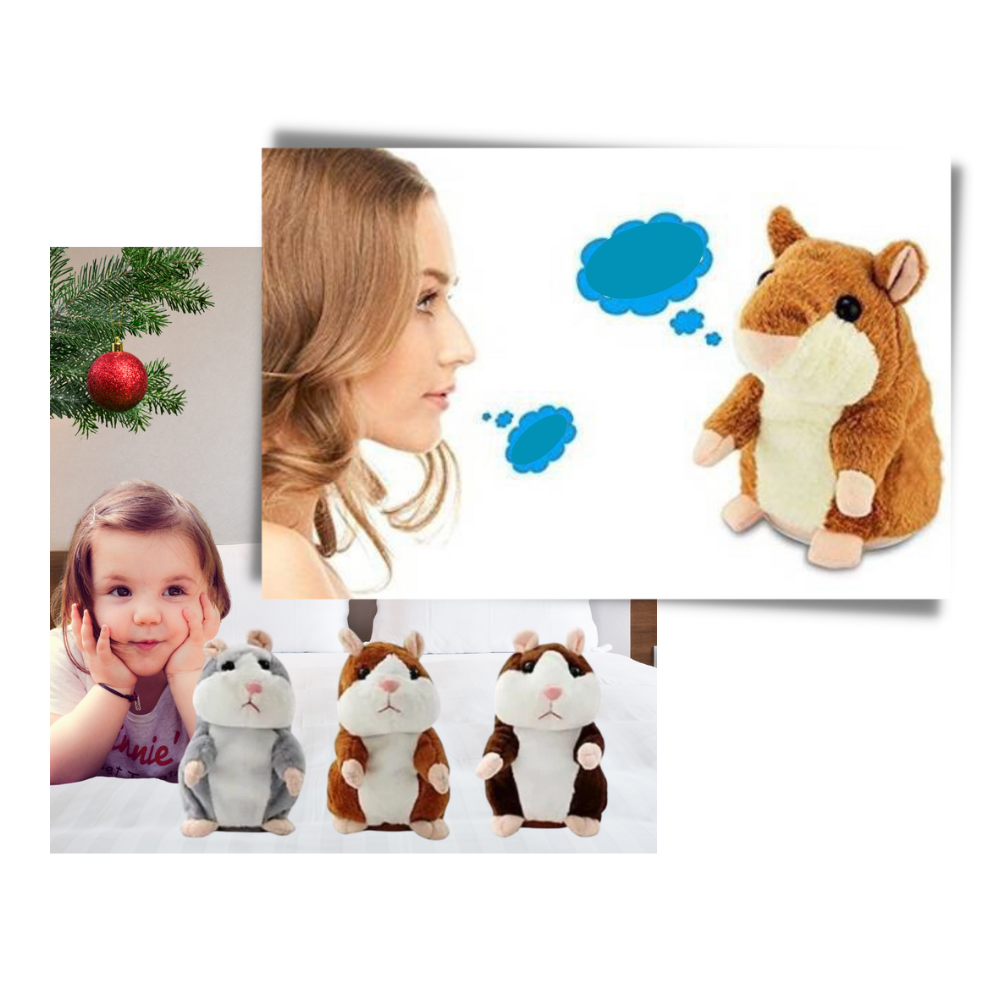 Hamster de pelúcia falante da marca Yks, com detalhes fofos, som e movimento, ideal para colecionadores e crianças.