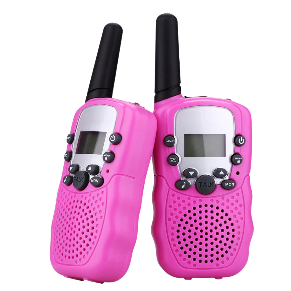Par de walkie-talkies para crianças rosa, brinquedos de comunicação da marca Retevis, com botões e antenas visíveis.