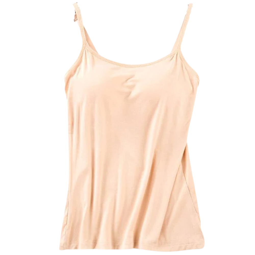 Camisola bege da marca Cn com suporte de sutiã integrado, feita de tecido leve e confortável para uso diário.