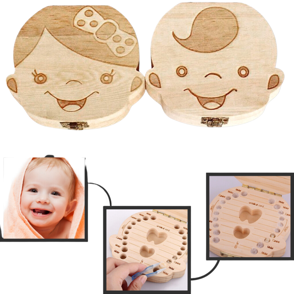 Caixa de dentes de bebê em madeira da Lnkoo, com design infantil para guardar dentes de leite de bebês e crianças pequenas.