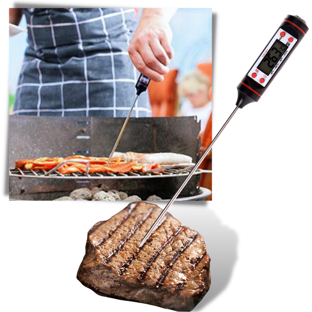 Termômetro digital de cozinha Patazon com sonda, indicado para medir a temperatura de alimentos e receitas domésticas.