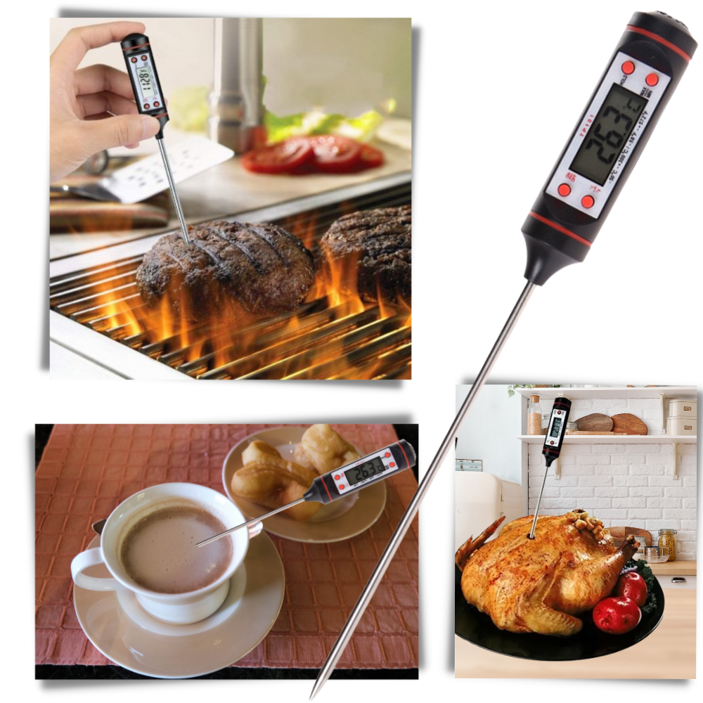 Termômetro de cozinha digital Patazon com sonda, visor digital para medição precisa de alimentos em ambientes domésticos.