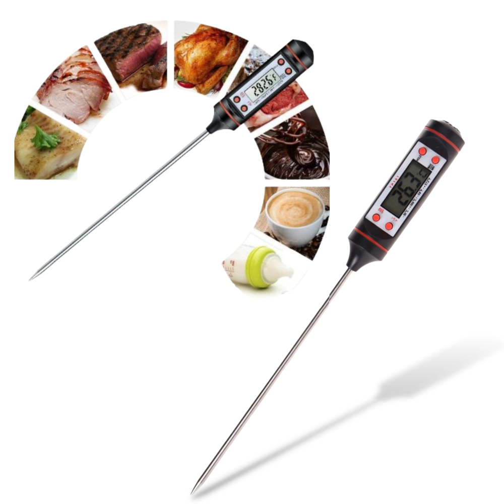Termômetro digital de cozinha Patazon com sonda para alimentos, mostrado com tela digital e ponteira de medição.