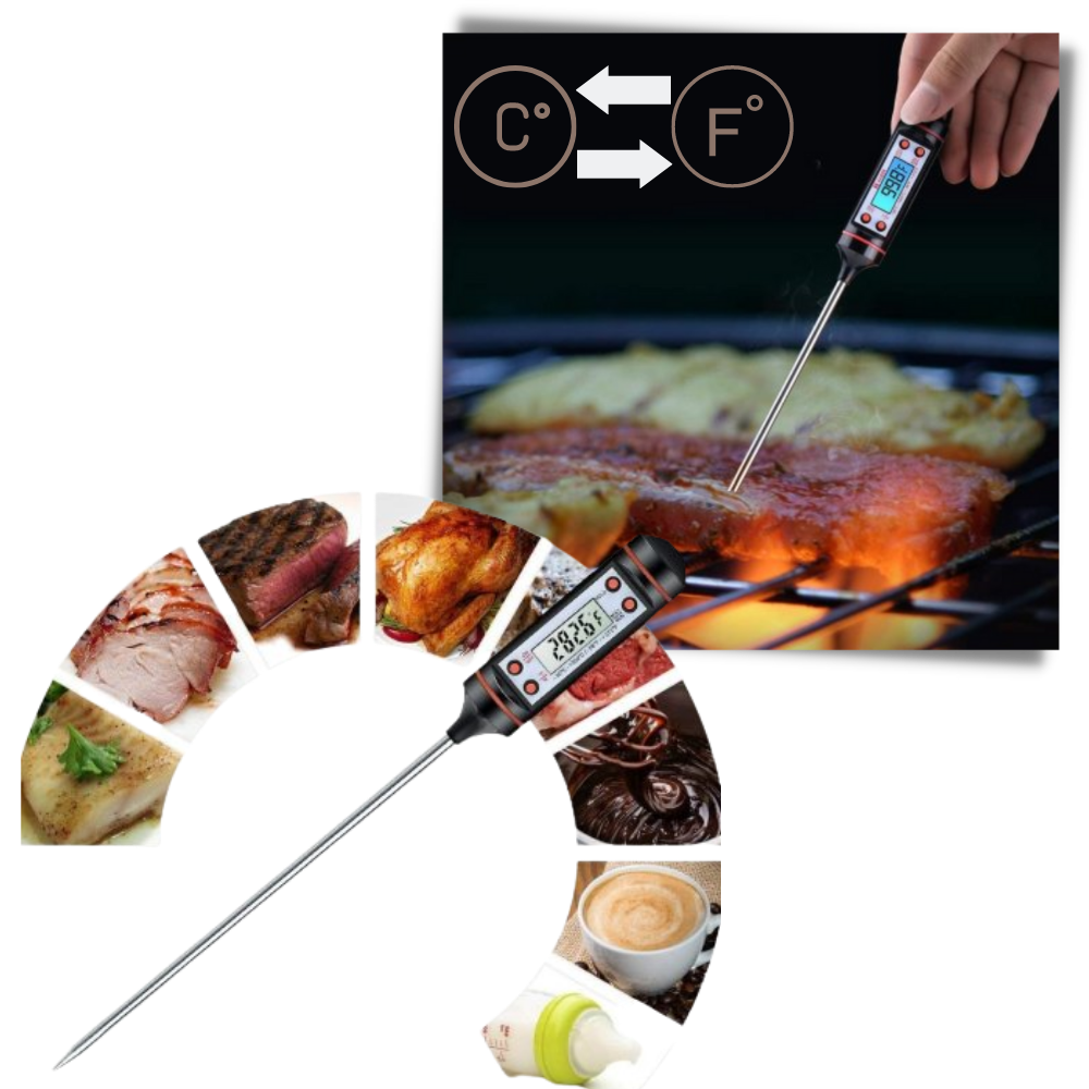 Termômetro de cozinha digital Patazon com sonda para medir temperatura de alimentos durante o preparo.