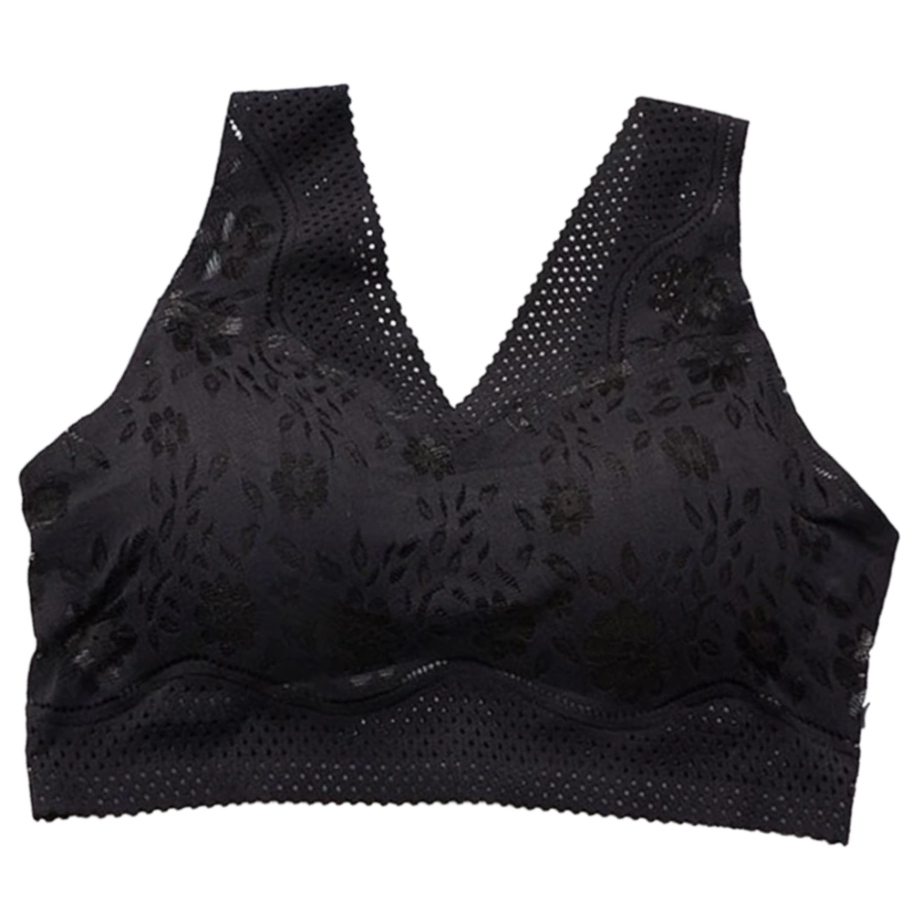 Soutien-gorge sem costura e respirável em renda preta da marca Glamorise, confortável e sem aro.