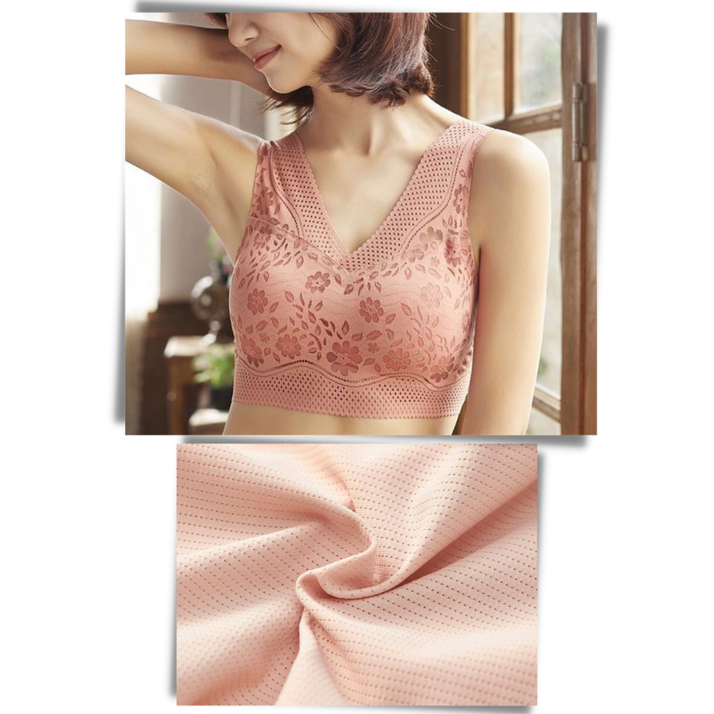 Soutien-gorge sem costura e respirável da marca Glamorise, com detalhes em renda delicada para conforto e estilo.