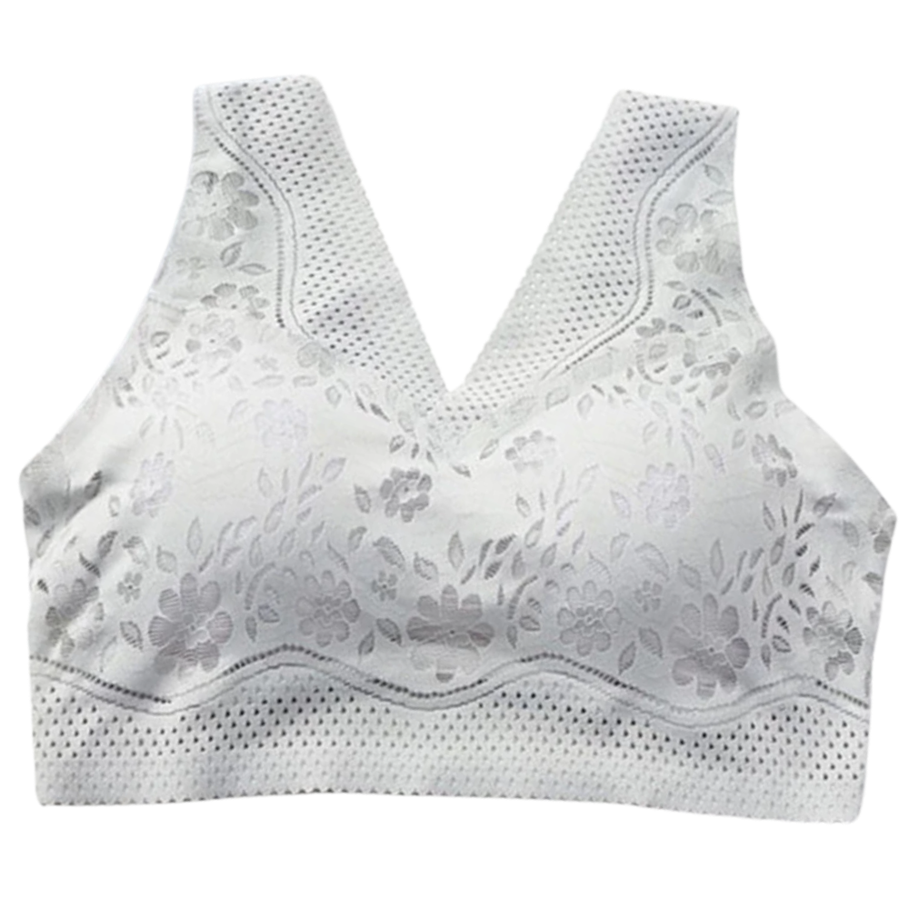 Soutien-gorge de renda respirante e sem costura da marca Glamorise, com detalhes delicados em tom cinza.