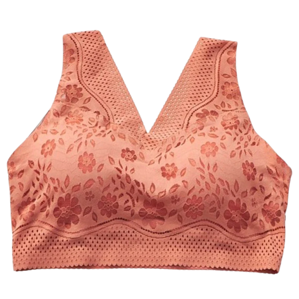 Soutien-gorge de renda respirante e sem costura da marca Glamorise, em cor laranja, com detalhes delicados e confortável.