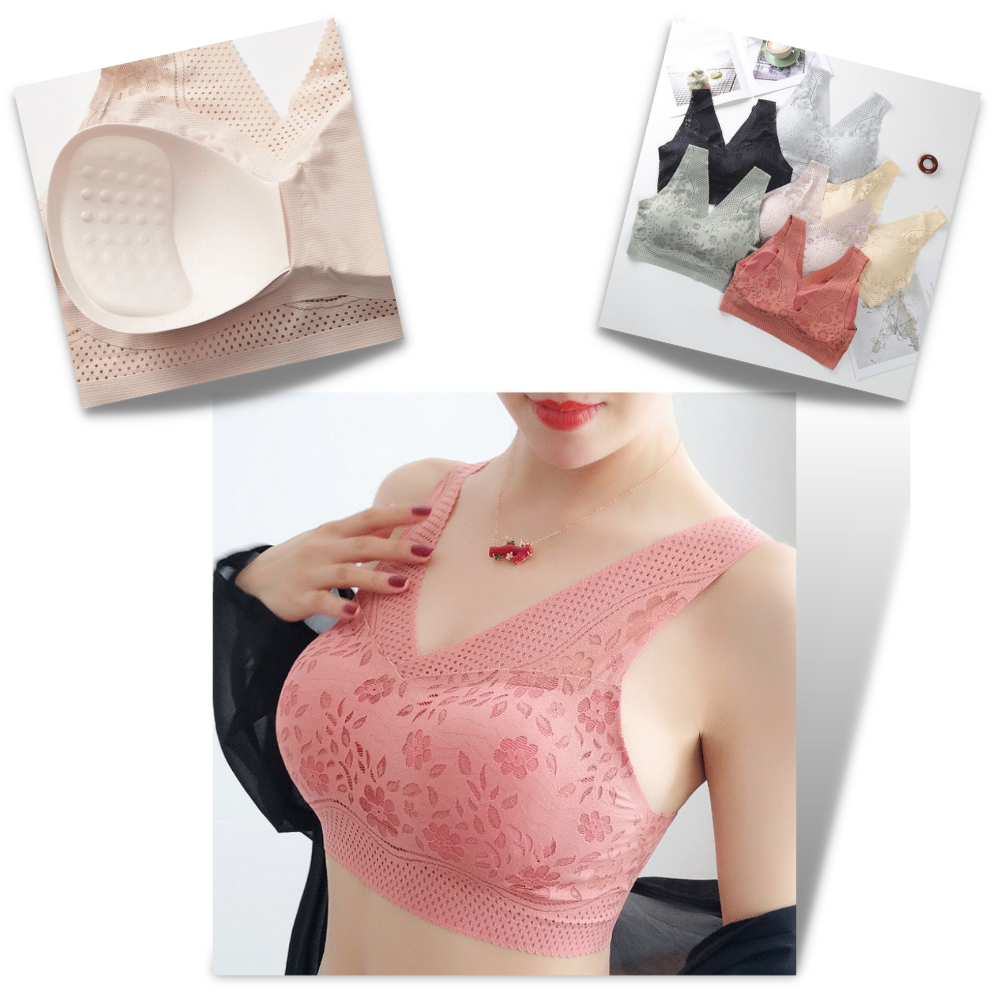 Soutien-gorge de lingerie em renda respirável e sem costura da marca Glamorise, com detalhes delicados e confortável design.