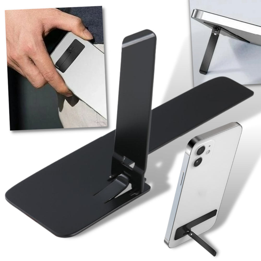 Suporte de telefone metálico ultra-fino Meoilce em prata, mostrando design compacto e resistente para smartphones.