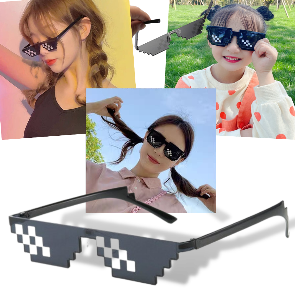 Óculos de sol pixel mode da Mypartyshirt com armação colorida e lentes espelhadas, estilo moderno e vibrante.