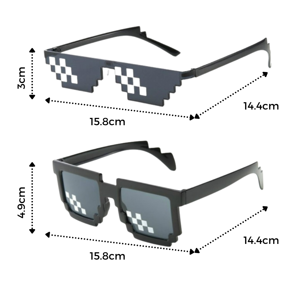 Óculos de sol pixel mode da Mypartyshirt com armação retangular e lentes coloridas em estilo urbano.