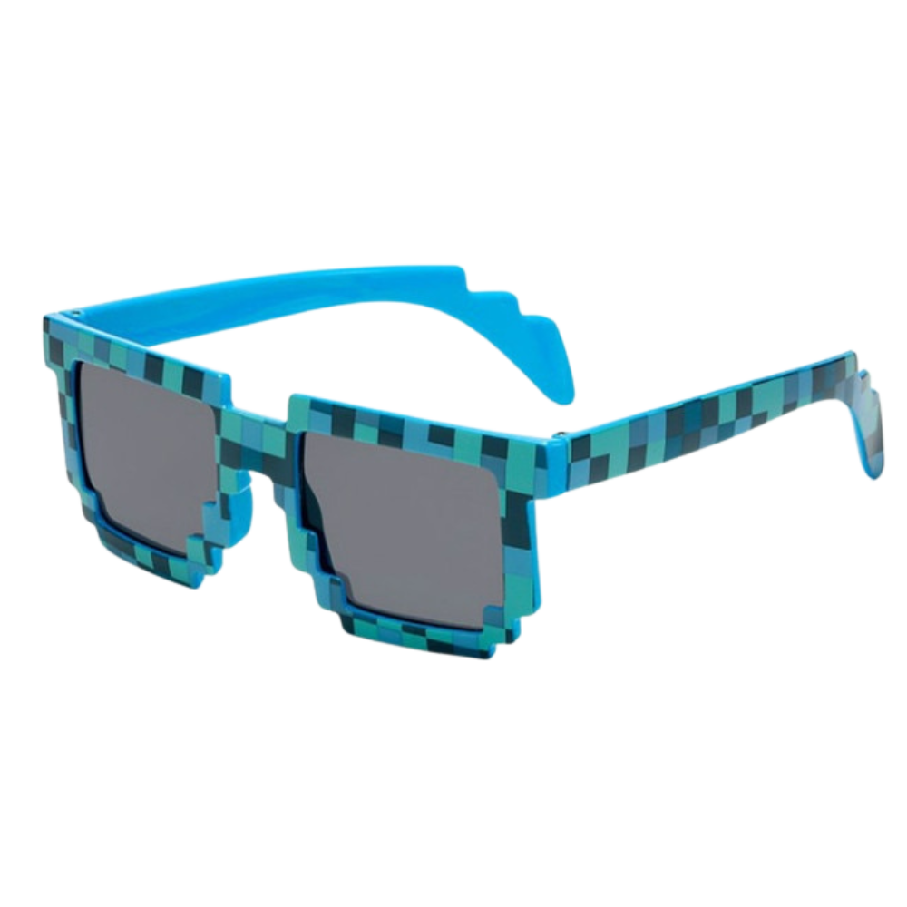 Óculos de sol pixel mode azul da Mypartyshirt, estilo moderno e vibrante, com lentes retangulares e armação colorida.