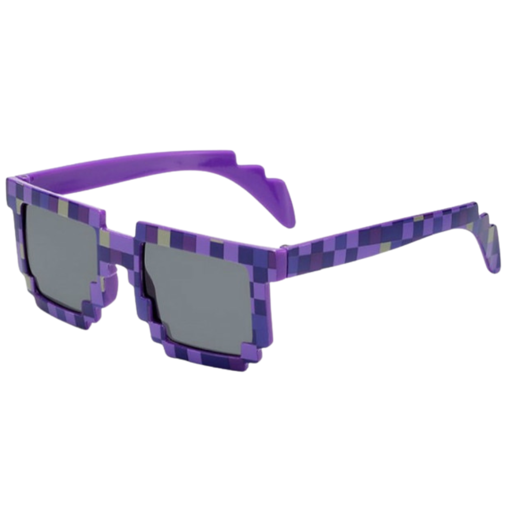 Óculos de sol pixel mode da Mypartyshirt em acabamento roxo com design moderno e estilizado para proteção solar.