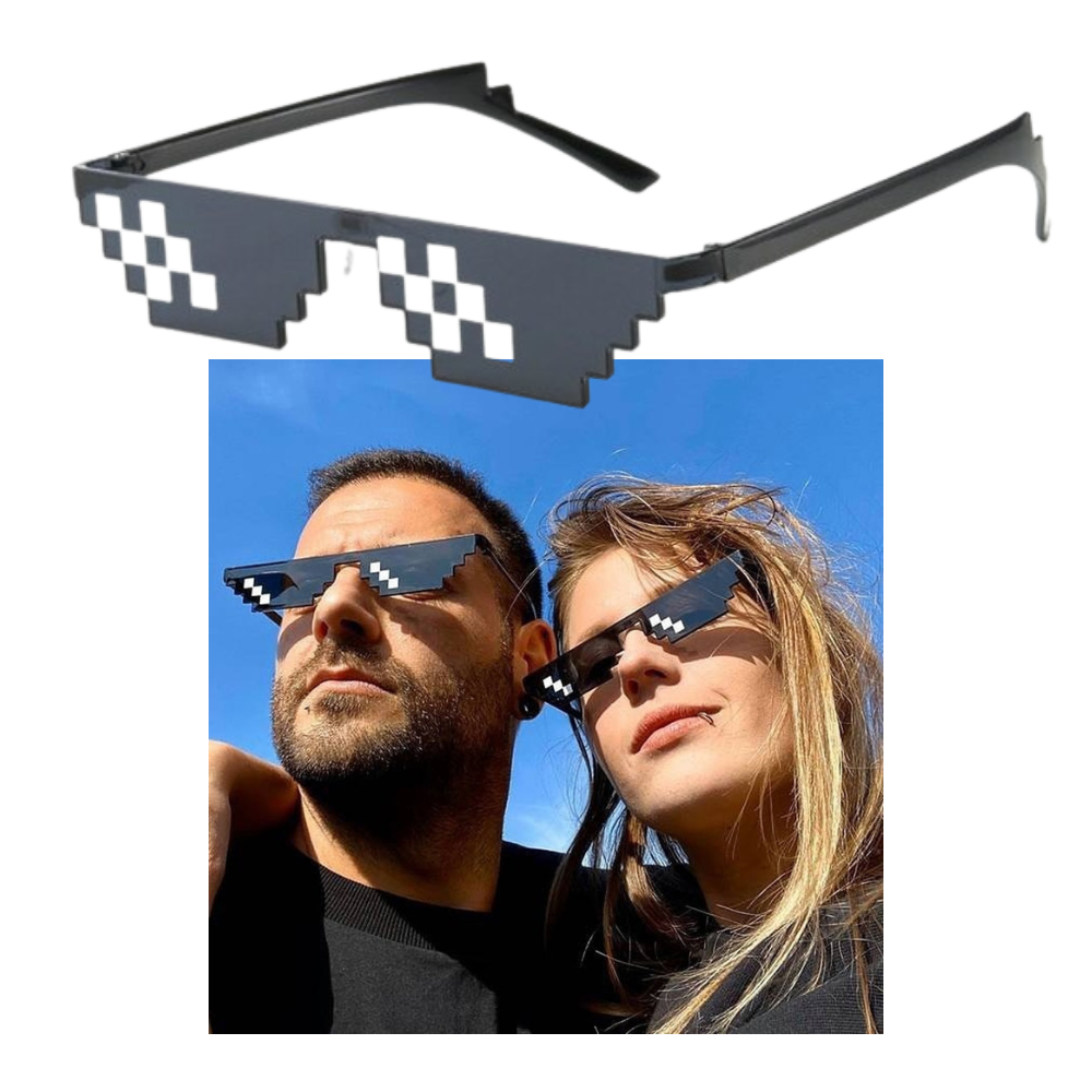 Óculos de sol pixel mode da Mypartyshirt com lentes resistentes a UV, estilo moderno e design colorido.