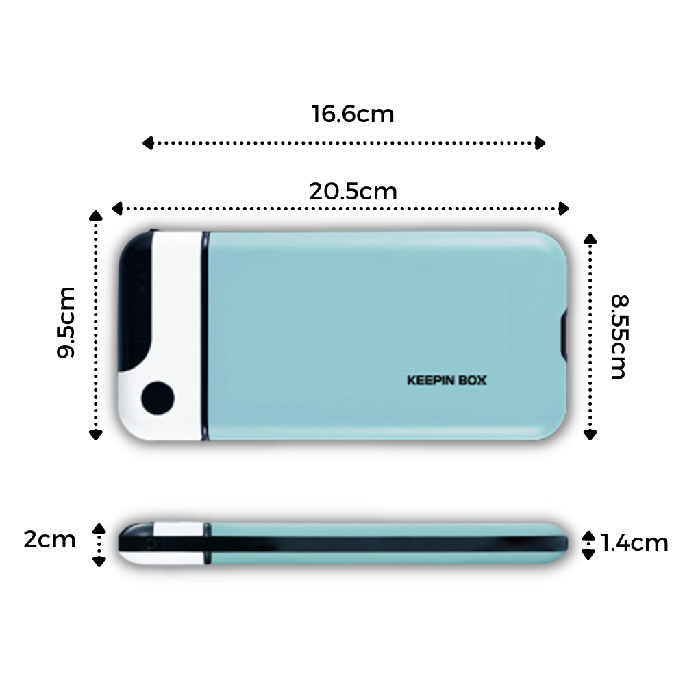 Caixa de bloqueio para smartphone Focusai, dispositivo de segurança para telefones móveis, em imagem com dimensões.