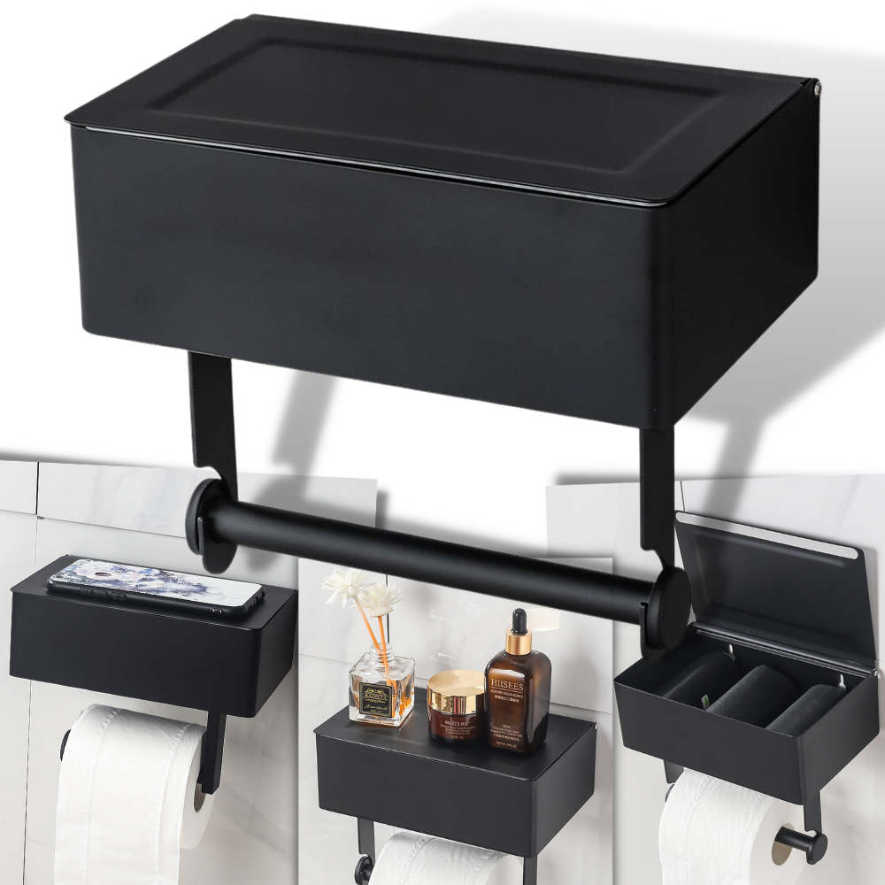 Distributeur de papel higiênico e caixa de lenços Bicmte, com compartimentos para papel toalha e lenços de papel, em ambiente doméstico.
