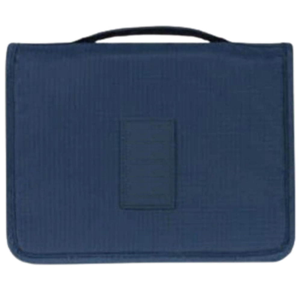 Necessaire de viagem Pinkdeer, estojo de toilette em azul navy, com compartimentos para produtos de higiene pessoal.