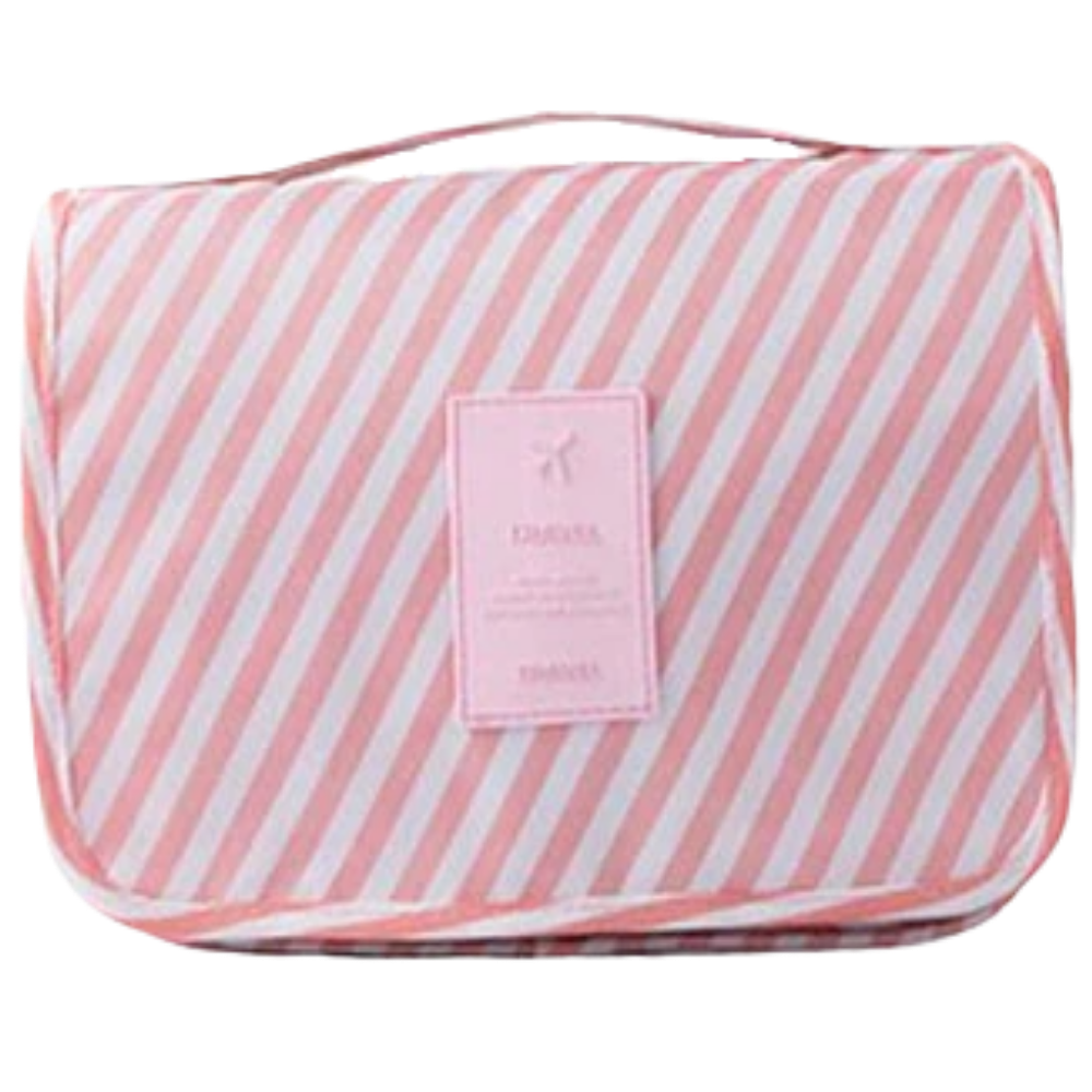 Necessaire de viagem Pinkdeer para cosméticos, com listras rosa, bolso externo e espaço para itens de higiene pessoal.