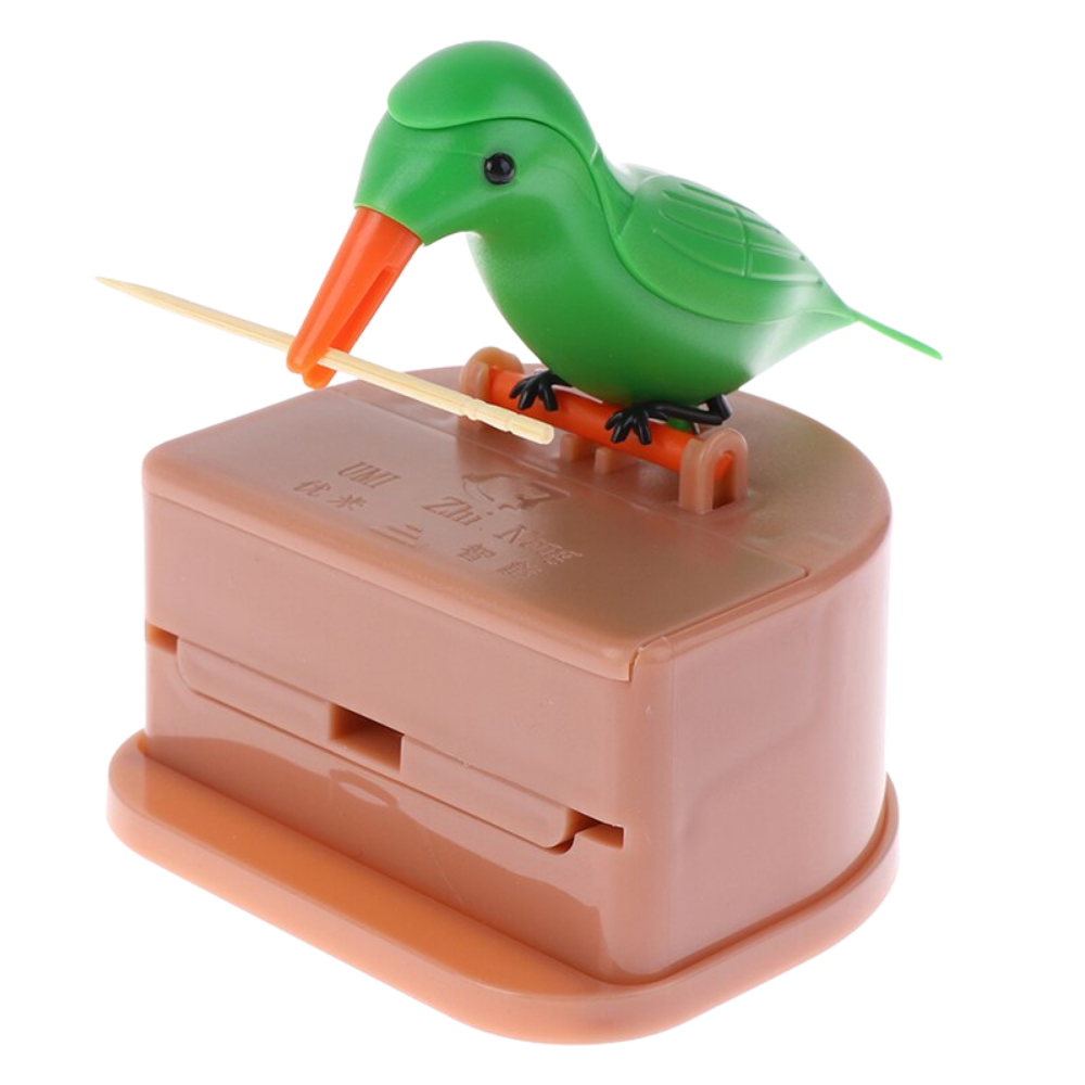 Caixa de porta-cercas com design de pássaros, utensílio de cozinha da marca Party Yeah, com dentes de plástico verdes.