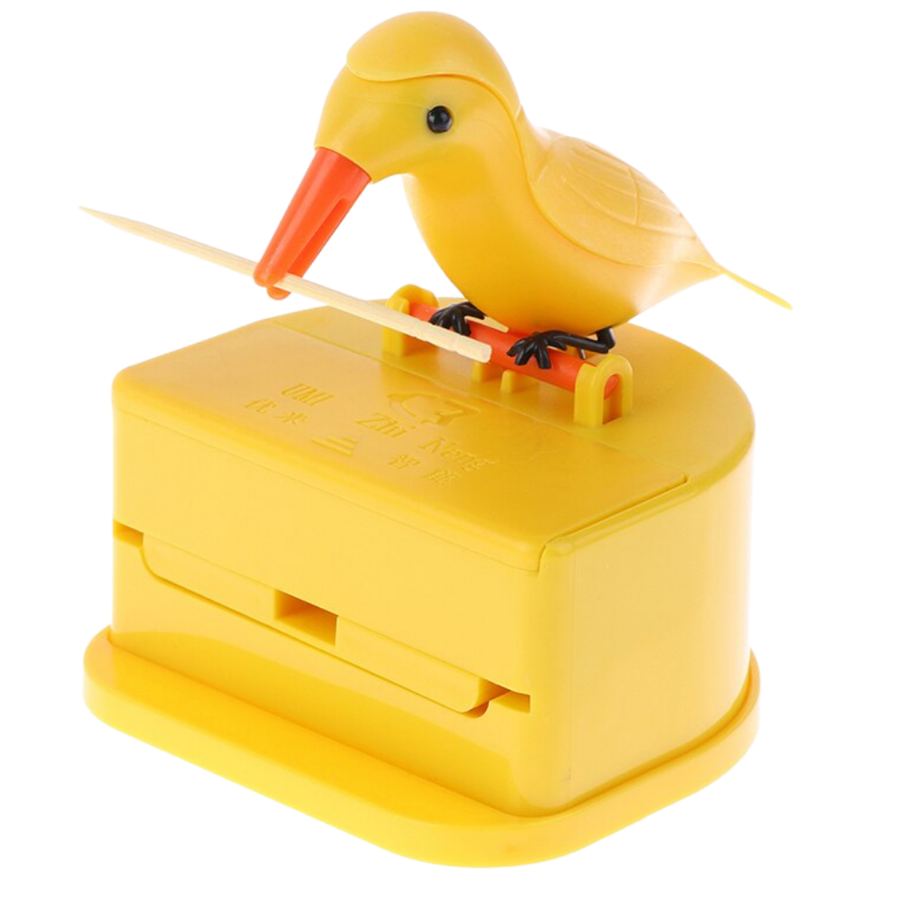 Caixa de porta-fio de dente com desenho de pássaro amarelo, utensílios de cozinha Party Yeah, para armazenamento de palitos de dente.