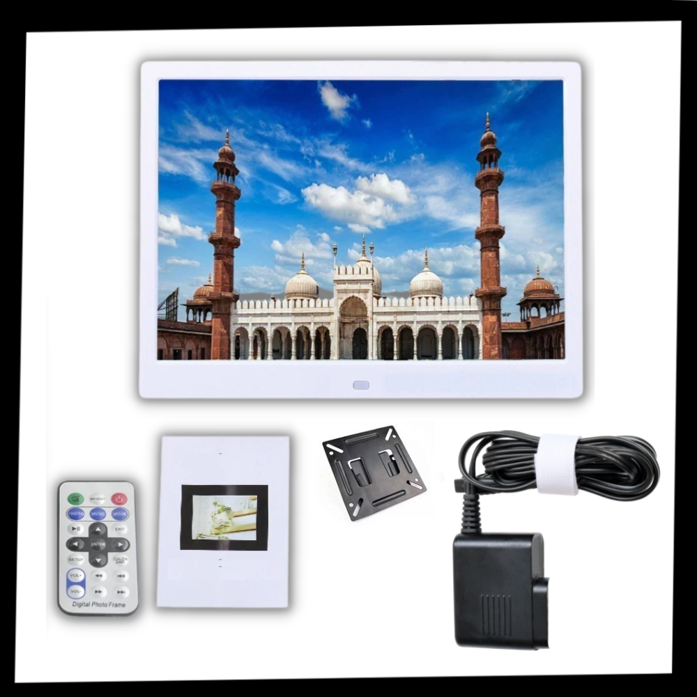 Quadro digital Sodial 27TOUCHFRAME com moldura para exibir fotos digitais, tela de toque e design moderno.
