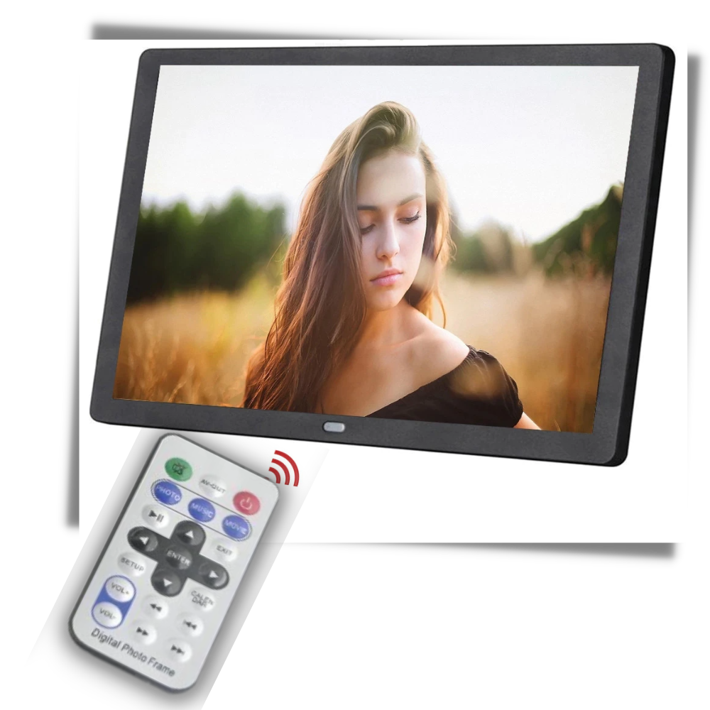 Quadro digital da Sodial com controle remoto, exibe fotos em tela de alta qualidade, design moderno para decoração de ambientes.