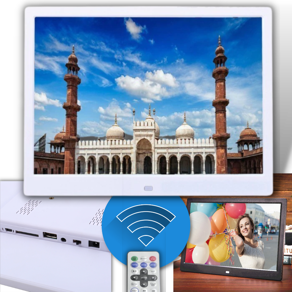 Quadro digital Sodial para fotos, tela touchscreen com moldura moderna, exibe imagens digitais em ambiente doméstico.