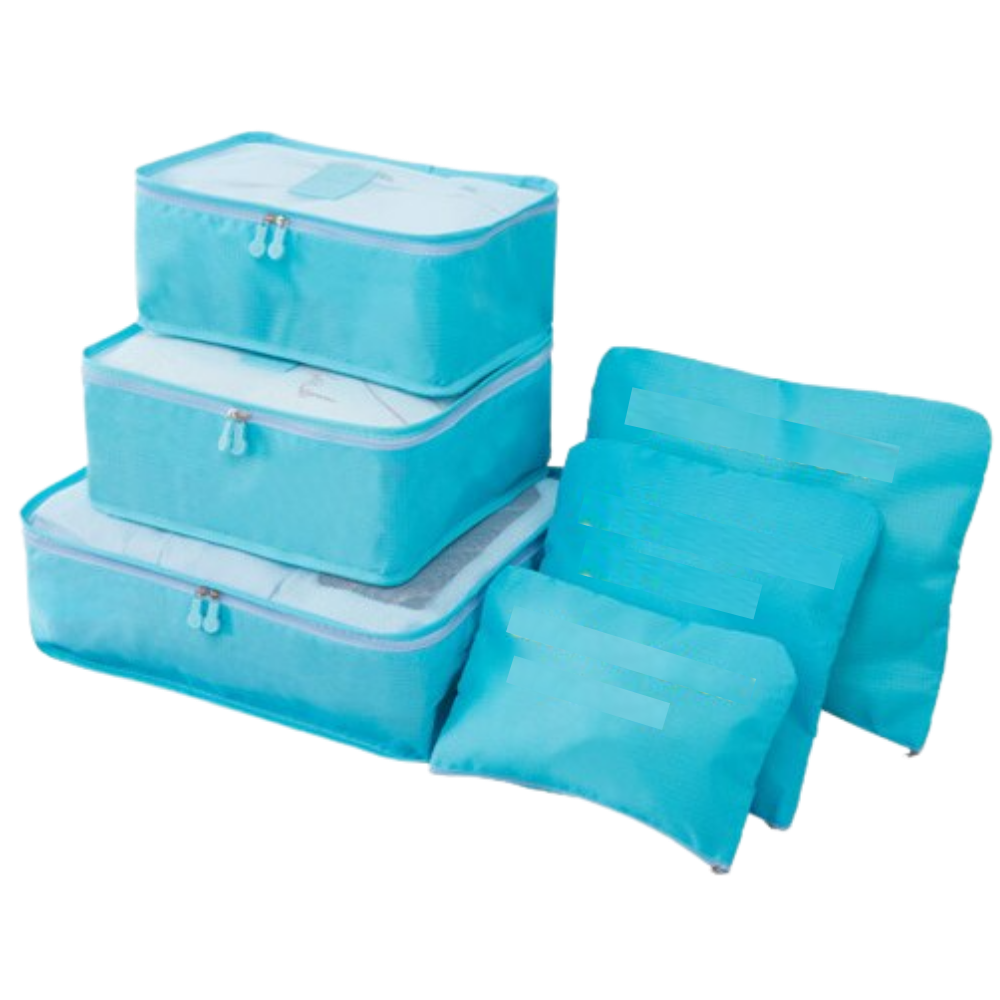 Conjunto de 6 pequenos sacos de viagem da Follure Clothing para organização de malas em azul.