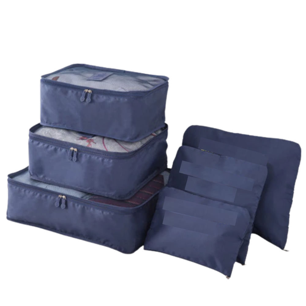 Conjunto de 6 pequenos sacos de viagem Follure Clothing para organização de bagagem, em azul escuro.