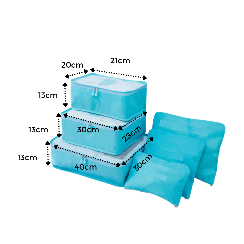 Conjunto de 6 pequenos sacos de viagem para mala, organizadores para bagagem da marca Follure Clothing, em diferentes tamanhos.