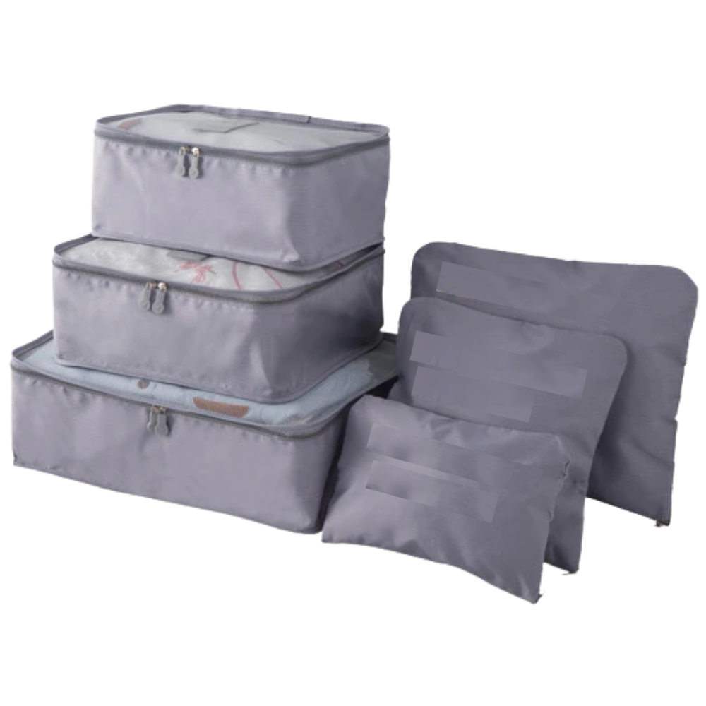 Conjunto de 6 pequenos sacos de viagem cinza da Follure Clothing para organização de bagagens em malas.