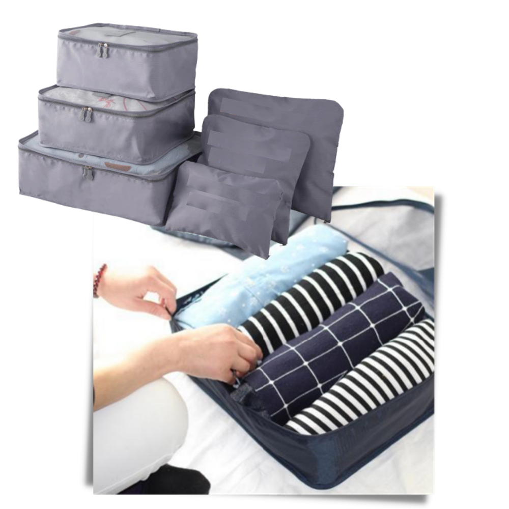 Conjunto de 6 pequenos sacos de viagem da Follure Clothing para organização de malas e bagagens.
