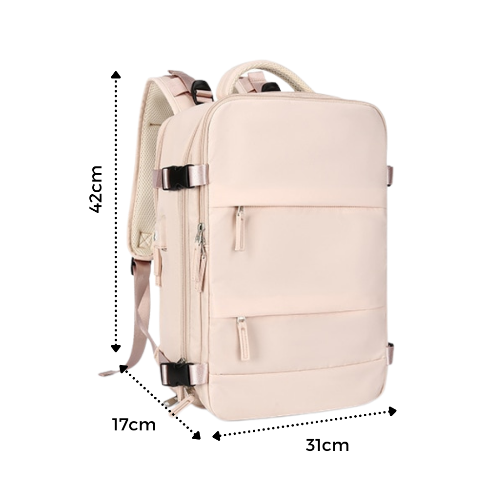Mochila de viagem multifuncional Bjlfs com compartimentos espaçosos para uso externo, vista lateral com alças ajustáveis e detalhes em preto