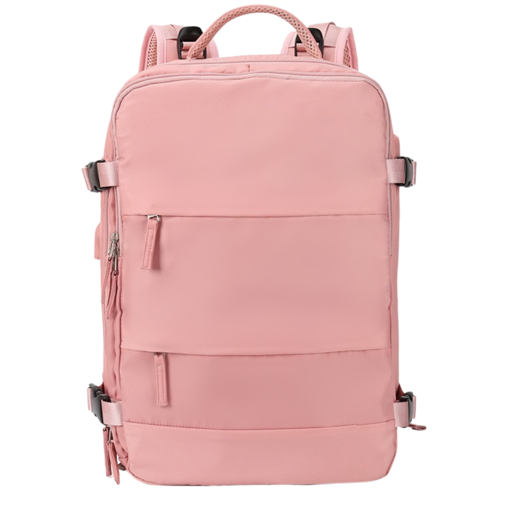 Mochila de viagem multifuncional da Bjlfs, resistente para atividades ao ar livre, em rosa com detalhes práticos e espaço amplo.