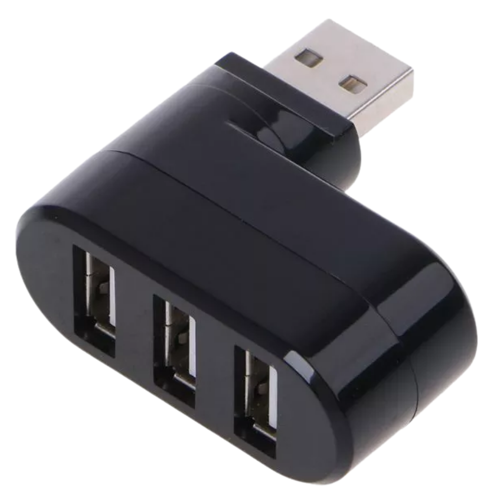 Adaptador rotativo USB multiport preto da Dongguan, com várias portas para conexão de dispositivos USB.