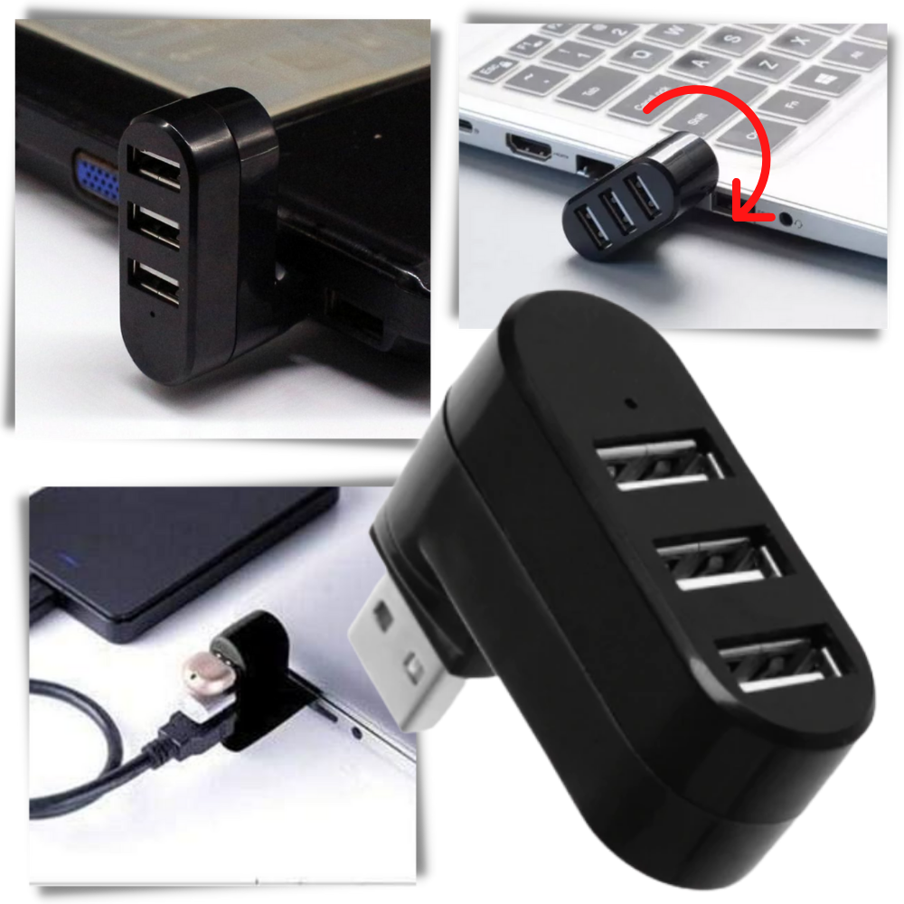 Adaptador rotativo USB multiport da Dongguan com várias portas para conexão de dispositivos USB.