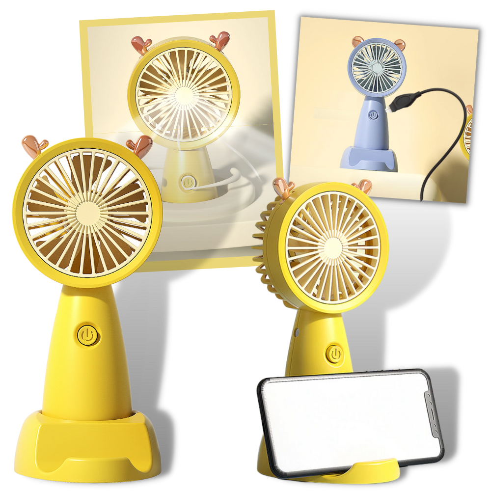 Mini ventilador USB Eastjing com suporte para telefone, portátil e compacto, ideal para resfriar o ambiente ao usar o celular.