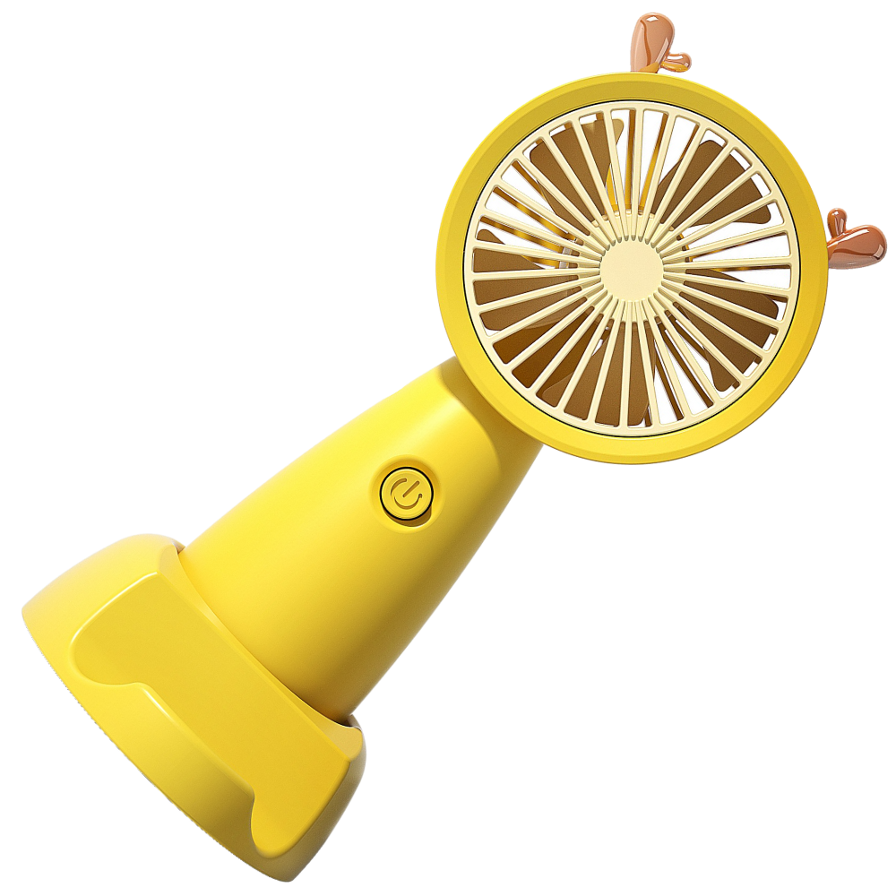 Mini ventilador USB amarelo com suporte para telefone da Eastjing, compacto e portátil, ideal para resfriar e apoiar dispositivos móveis.