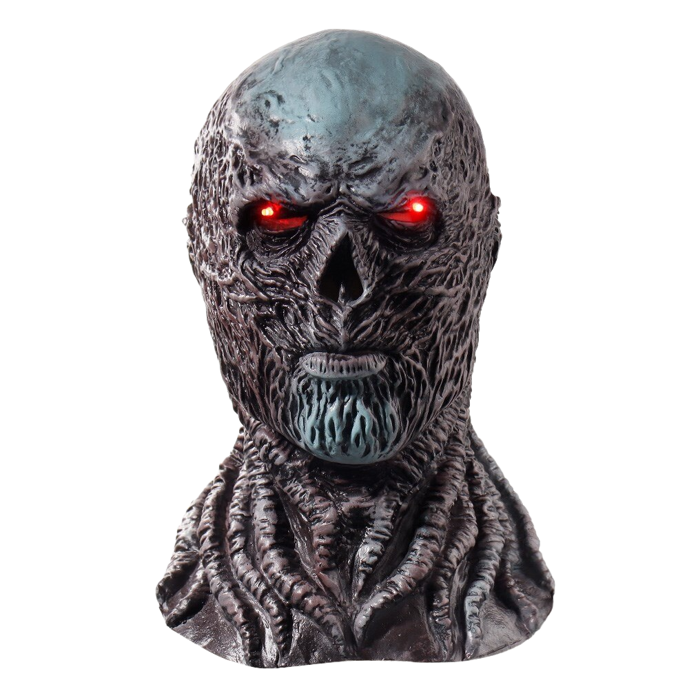 Máscara de látex Vecna da Belita com iluminação LED preta, detalhes assustadores e estilo sombrio para cosplay ou festa.