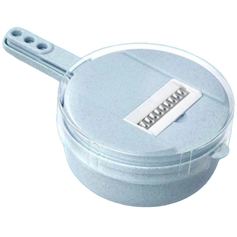 Coupelégumes 8 em 1 da Fancyqube, utensílios de cozinha em azul, mostra diferentes acessórios e lâminas para preparação de alimentos.