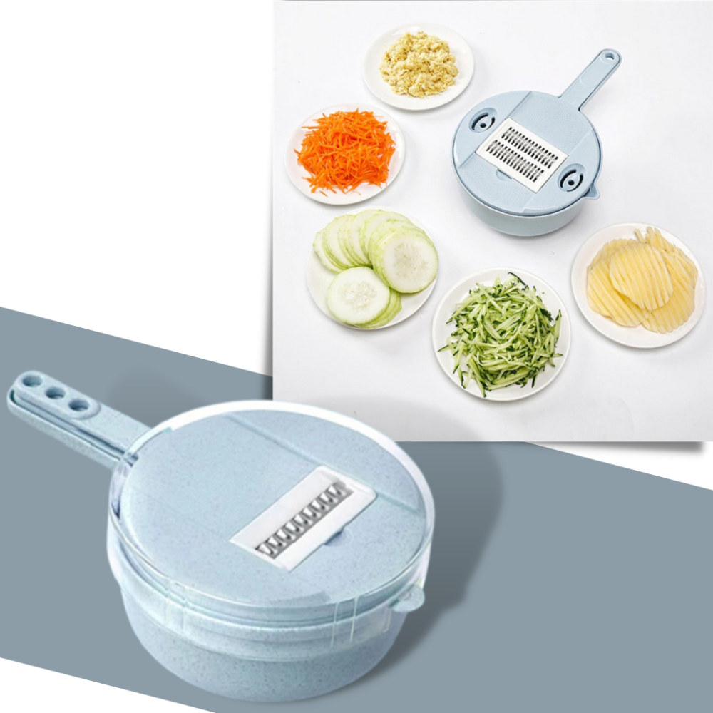 Coupelégumes 8 em 1 da Fancyqube, utensílios de cozinha com múltiplas lâminas e funções para preparar alimentos.