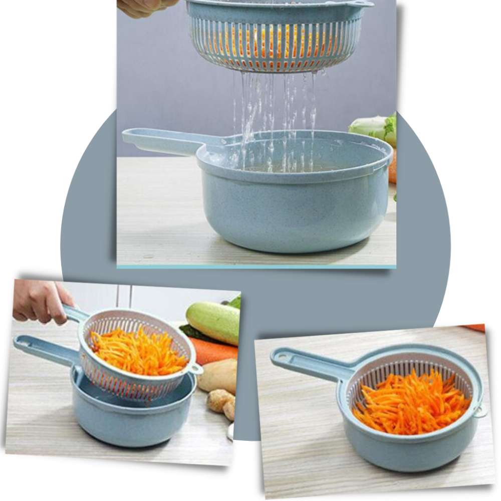 Cortador de legumes 8 em 1 da Fancyqube, utensílio de cozinha com várias lâminas para cortar e fatiar alimentos.