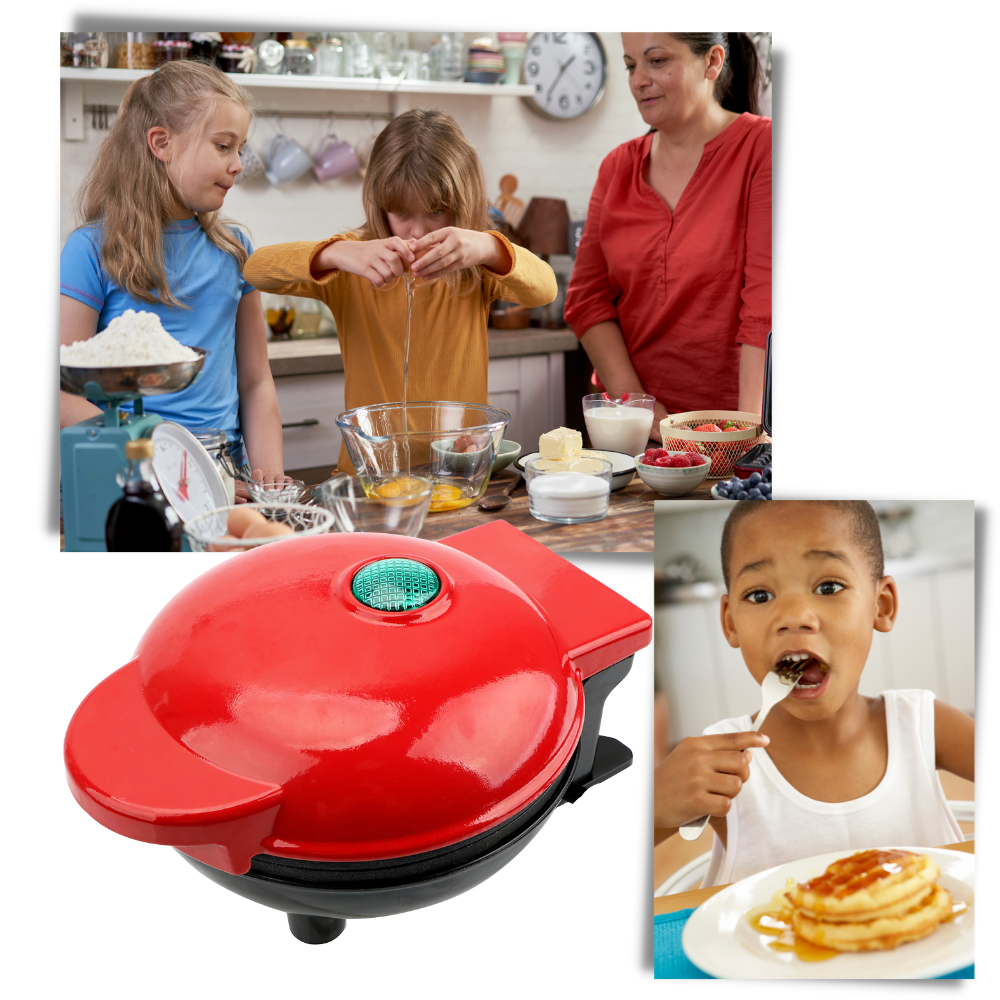 Mini gaufrier Xuanchi para cozinha e pâtisserie, com ingredientes criativos para fazer waffles divertidos com crianças.