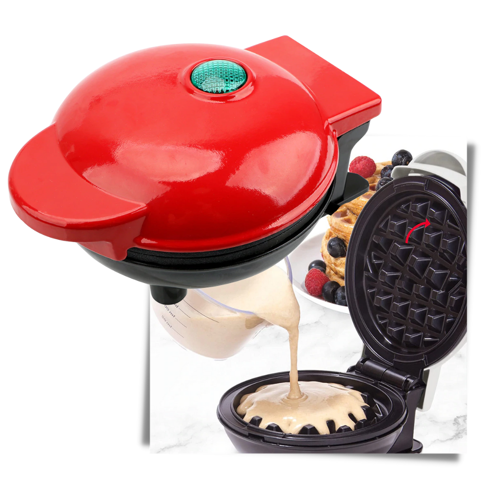 Mini gaufrier Xuanchi para culinária e confeitaria, mostrado com partes internas e funcionamento do aparelho.