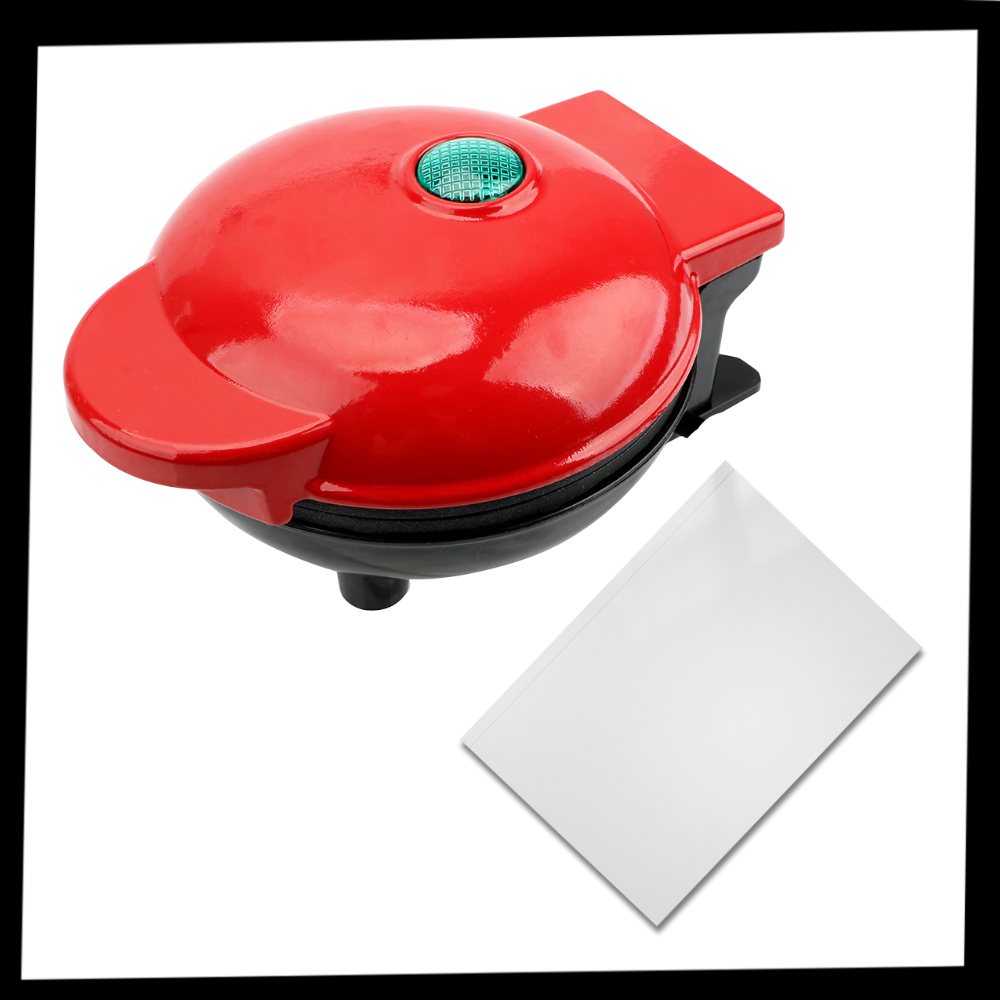 Mini gaufrier Xuanchi para ingredientes de cozinha e pâtisserie, mostrado na embalagem com detalhes do produto.