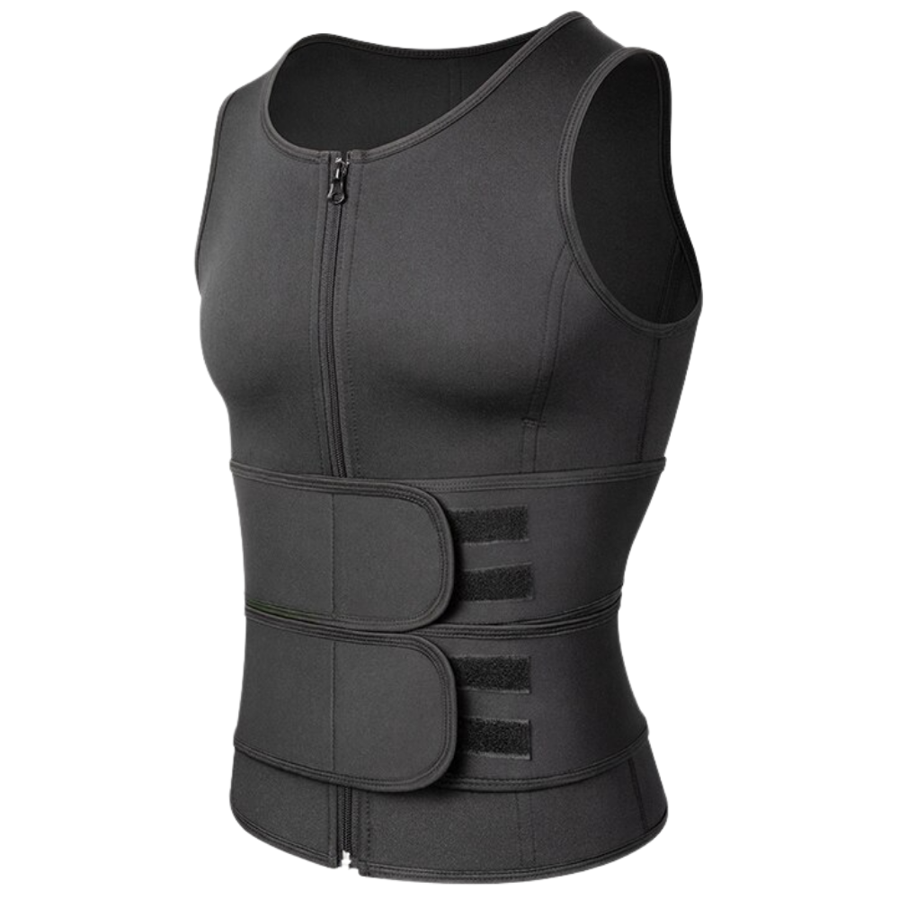 Cinturão de sauna para homens da Comfree, ideal para treinamento e fitness, na cor preta, usado na cintura.